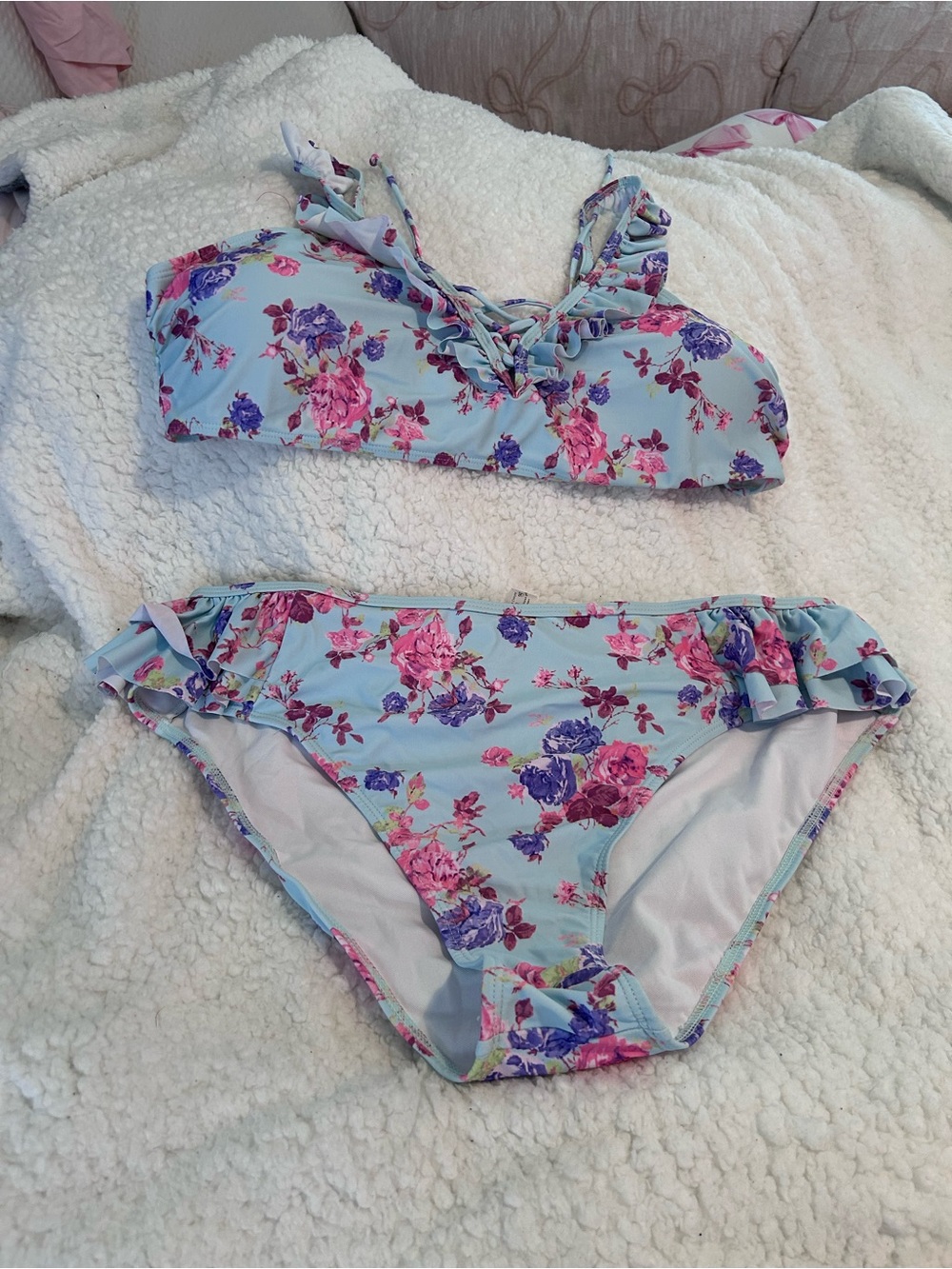 SHEIN Pastel Blue Floral Ruffle Bikini Bottoms
